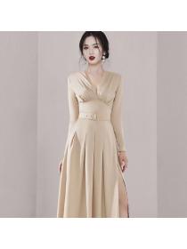 Korea style Elegant V neck Split dress for women