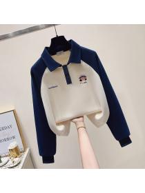 Simple style Polo collar Loose Sweatershirt for women