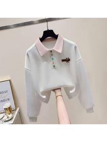 Simple style Polo collar Loose Sweatershirt for women