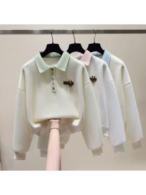 Simple style Polo collar Loose Sweatershirt for women