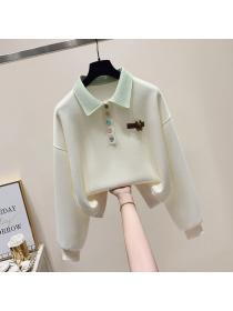 Simple style Polo collar Loose Sweatershirt for women