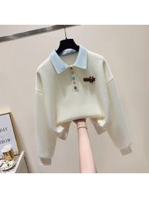 Simple style Polo collar Loose Sweatershirt for women