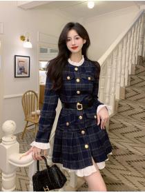 Korea style Autuman fashion Fake two pieces dress(With belt)