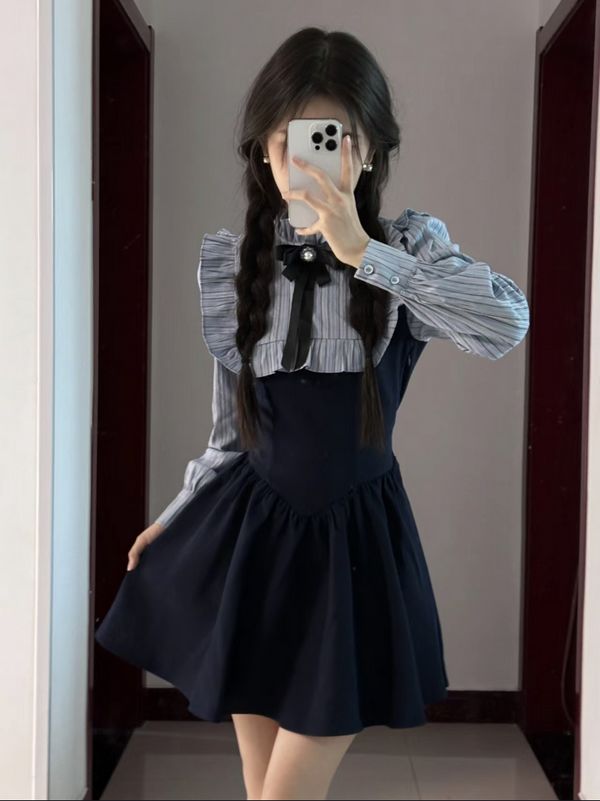 Korea style Autuman New Sweet Stripe Long sleeve dress