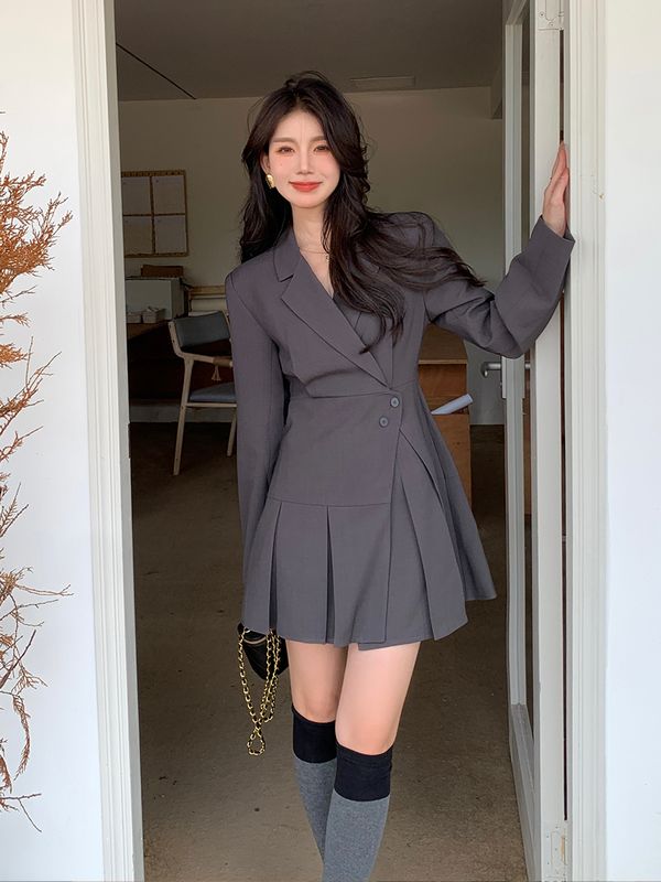 Korea style Autuman New Suit collar Long sleeve dress