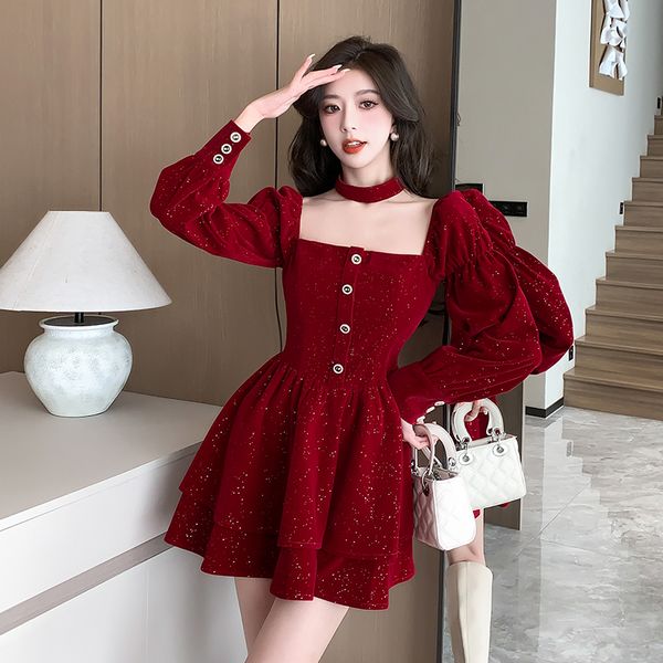 Korea style Autumn new Fashion Red Velvet Dress for women