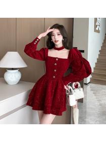 Korea style Autumn new Fashion Red Velvet Dress for women