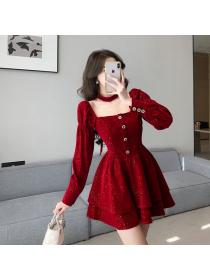 Korea style Autumn new Fashion Red Velvet Dress for women