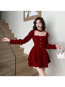 Korea style Autumn new Fashion Red Velvet Dress for women