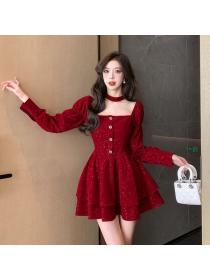 Korea style Autumn new Fashion Red Velvet Dress for women