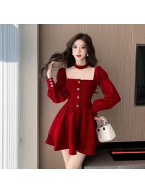 Korea style Autumn new Fashion Red Velvet Dress for women