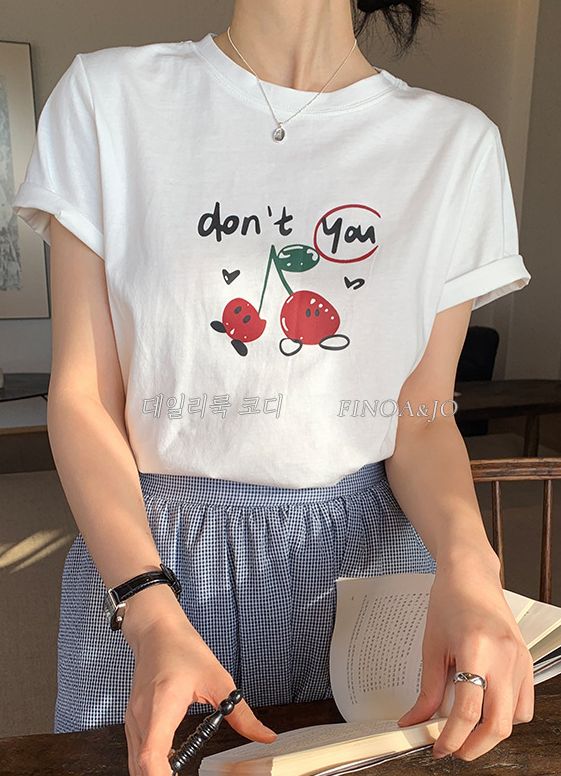 Korean casual cherry print T-shirt