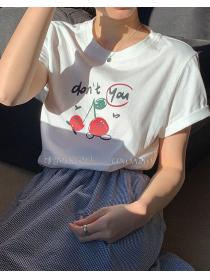 Korean casual cherry print T-shirt