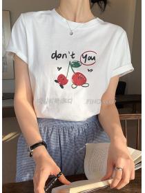 Korean casual cherry print T-shirt