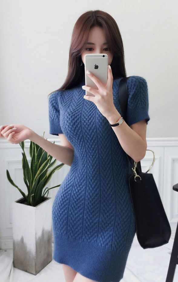 Korean Style Slim Pure Color Knitting Dress