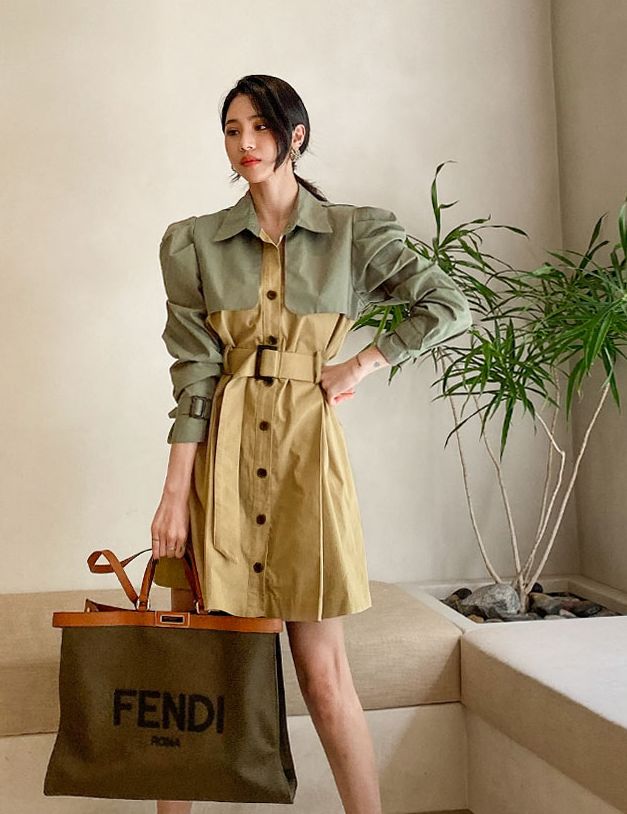 Slim-fit cotton lapel long-sleeved trench coat waist matching color dress