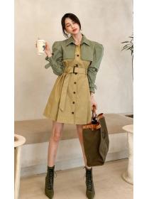 Slim-fit cotton lapel long-sleeved trench coat waist matching color dress