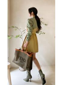 Slim-fit cotton lapel long-sleeved trench coat waist matching color dress