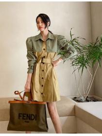 Slim-fit cotton lapel long-sleeved trench coat waist matching color dress