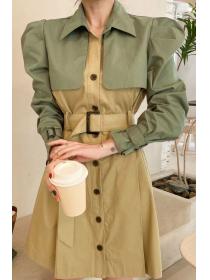 Slim-fit cotton lapel long-sleeved trench coat waist matching color dress