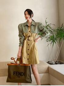 Slim-fit cotton lapel long-sleeved trench coat waist matching color dress