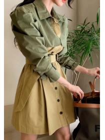 Slim-fit cotton lapel long-sleeved trench coat waist matching color dress