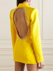 Sexy Backless Embellished Crystal Rhinestone Medium-Length Suit Jacket