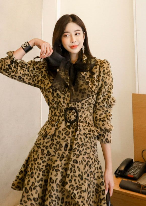 Leopard Print Long Sleeve Suit Jacket Dress