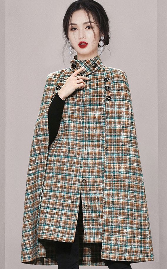 Out Let Elegant cape coat with a vintage English style stand-up collar Dress 