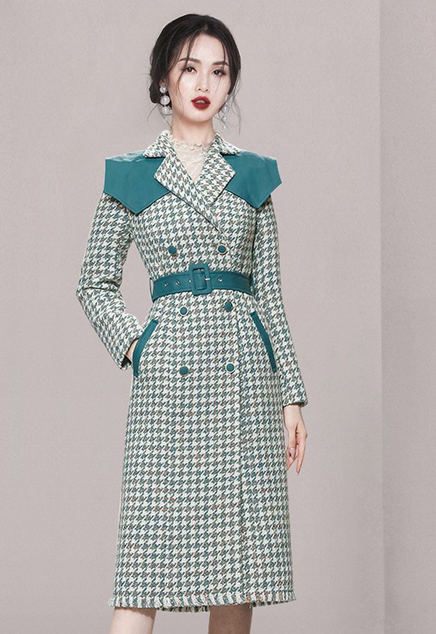 Thousand-bird plaid elegant tweed mid-length coat