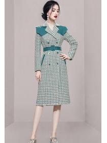 Thousand-bird plaid elegant tweed mid-length coat