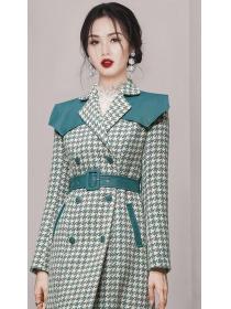 Thousand-bird plaid elegant tweed mid-length coat