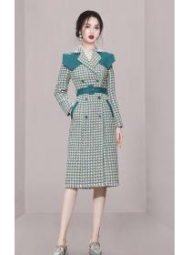 Thousand-bird plaid elegant tweed mid-length coat