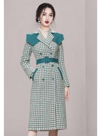 Thousand-bird plaid elegant tweed mid-length coat