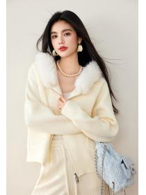 Fur collar hooded long sleeve knitted Casual coat