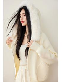 Fur collar hooded long sleeve knitted Casual coat