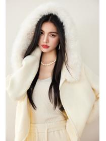 Fur collar hooded long sleeve knitted Casual coat