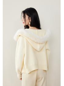 Fur collar hooded long sleeve knitted Casual coat