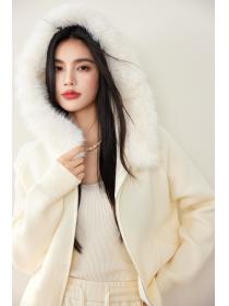 Fur collar hooded long sleeve knitted Casual coat