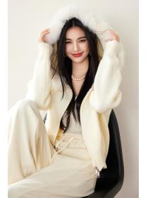 Fur collar hooded long sleeve knitted Casual coat