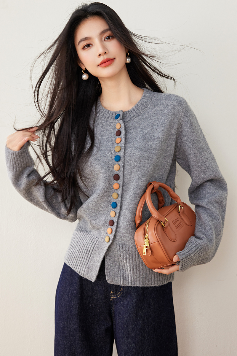 Sweet colors buckle knitted sweater loose autumn coat