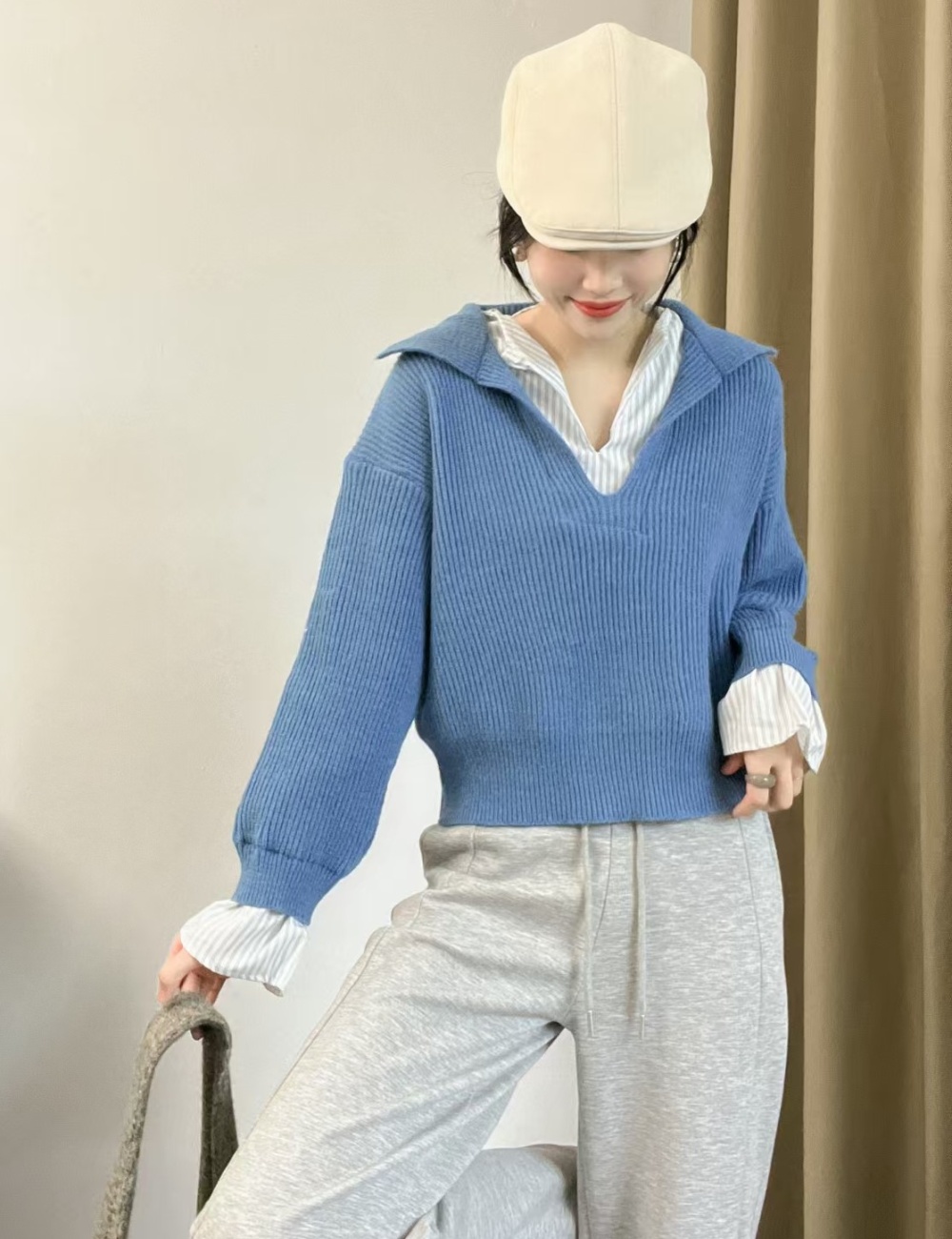 Pullover mixed colors splice Korean style sweater