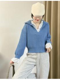 Pullover mixed colors splice Korean style sweater