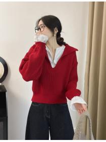 Pullover mixed colors splice Korean style sweater