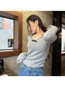 Korean style bow lace V-neck mixed colors splice sweater