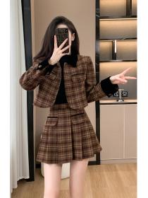 Plaid retro jacket woolen chanelstyle short skirt 2pcs set