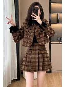 Plaid retro jacket woolen chanelstyle short skirt 2pcs set