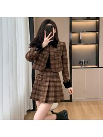 Plaid retro jacket woolen chanelstyle short skirt 2pcs set