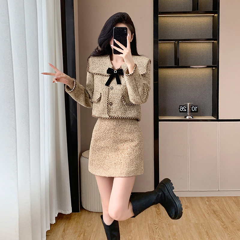 Doll collar long chanelstyle bow short sweet coat 2pcs set