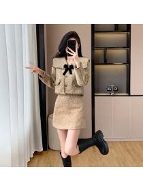 Doll collar long chanelstyle bow short sweet coat 2pcs set